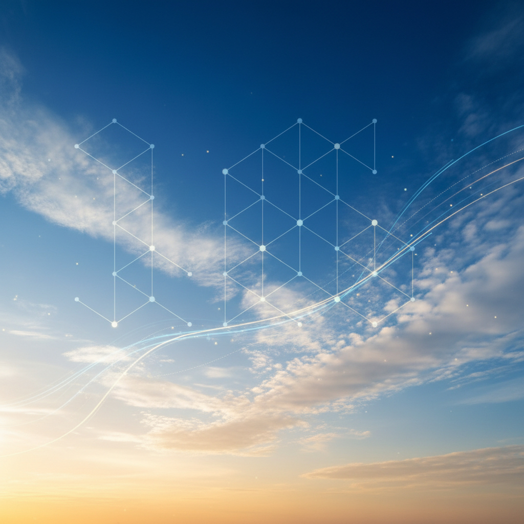 Photorealistic wide-angle blue sky at golden hour with soft wispy clouds and subtle glowing digital light trails representing AI connectivity